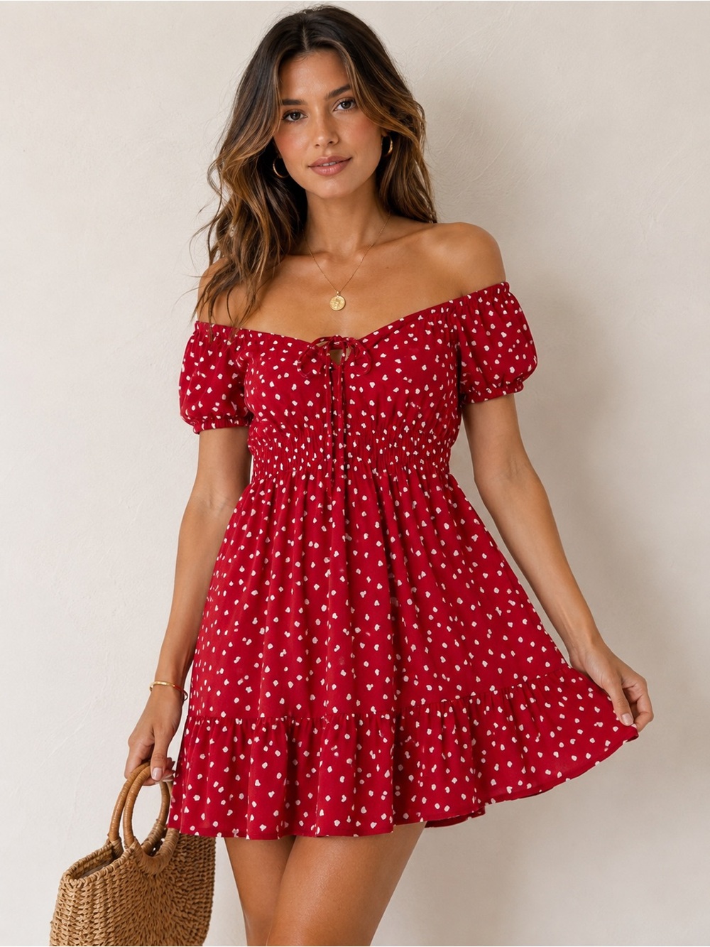 Red Heart Print Off-Shoulder Summer Dress